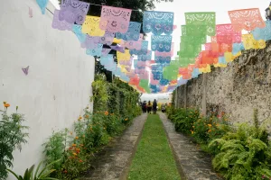 Papel picado hung on a home