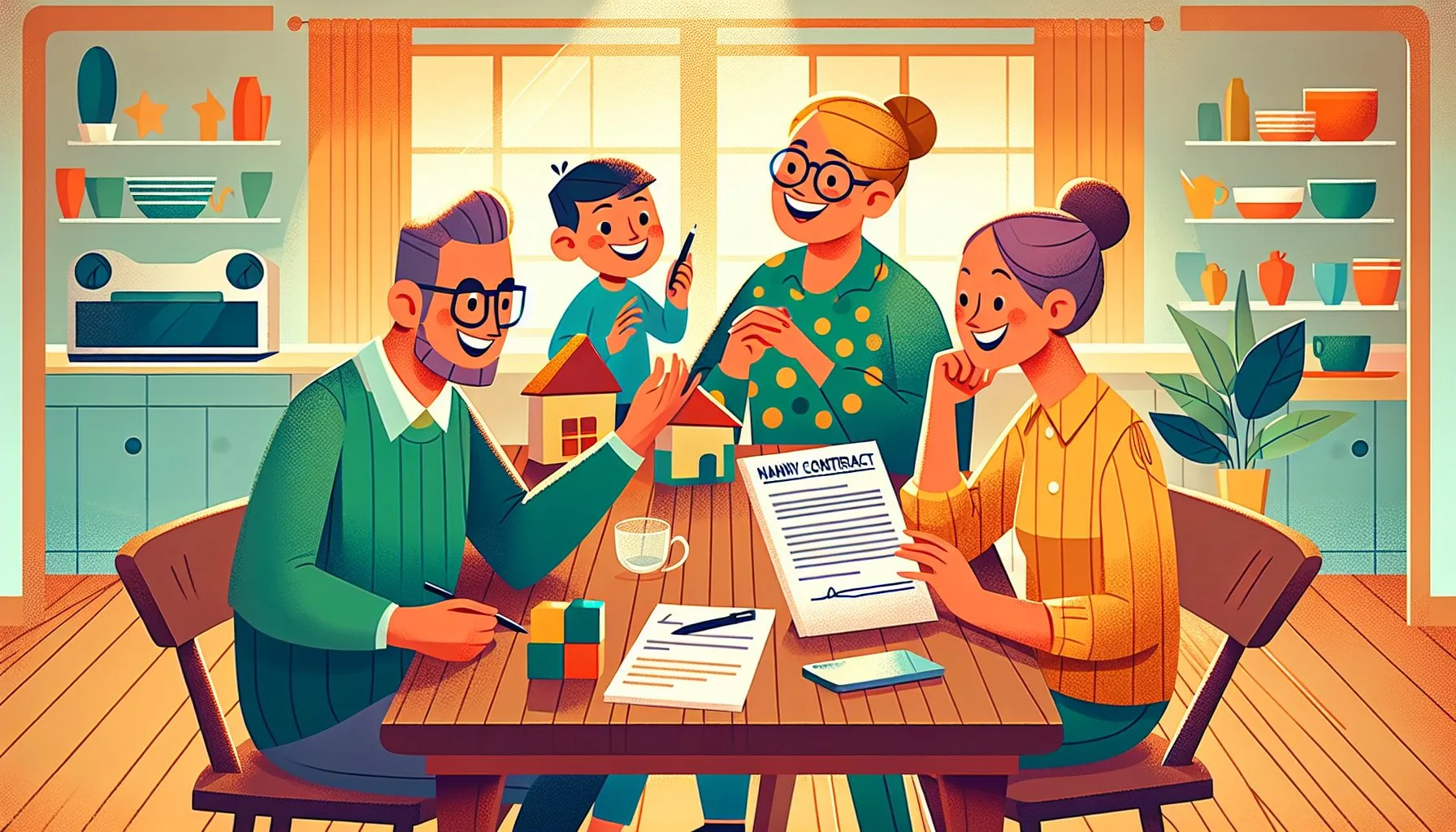 An illustration of a family discussing a nanny contract.