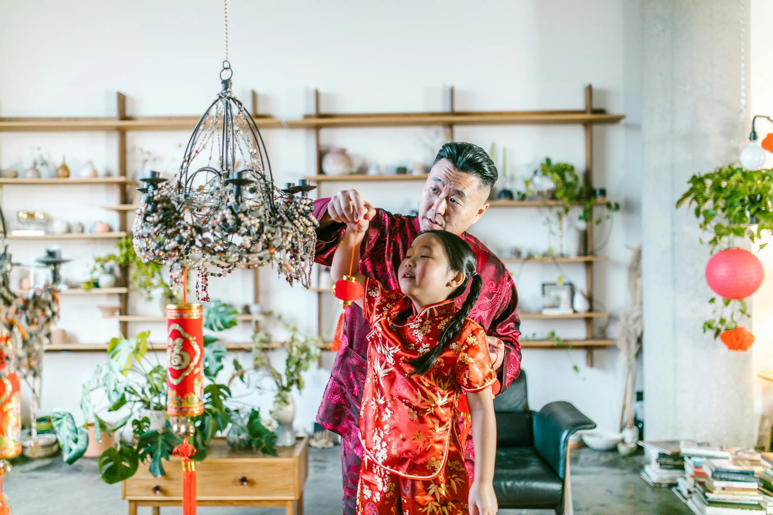 Family decorating for lunar new year